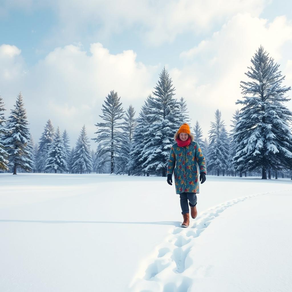 A serene winter scene featuring a person walking through a snowy landscape