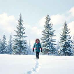 A serene winter scene featuring a person walking through a snowy landscape