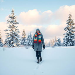 A serene winter scene featuring a person walking through a snowy landscape