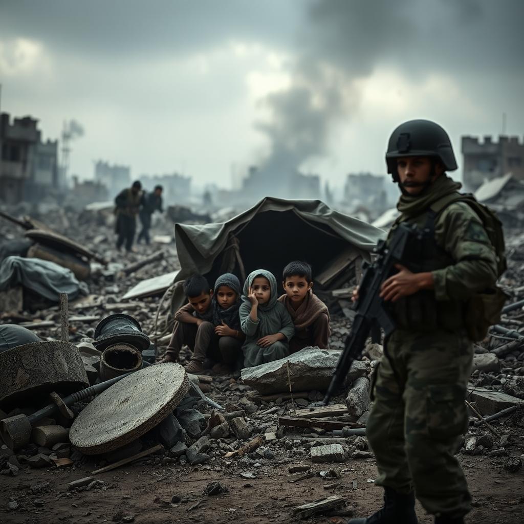 A somber and impactful scene depicting the struggles of innocent children from Gaza seeking shelter amidst a backdrop of destruction