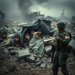 A somber and impactful scene depicting the struggles of innocent children from Gaza seeking shelter amidst a backdrop of destruction
