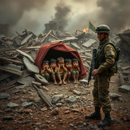 A somber and impactful scene depicting the struggles of innocent children from Gaza seeking shelter amidst a backdrop of destruction