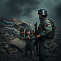 A somber and impactful scene depicting the struggles of innocent children from Gaza seeking shelter amidst a backdrop of destruction