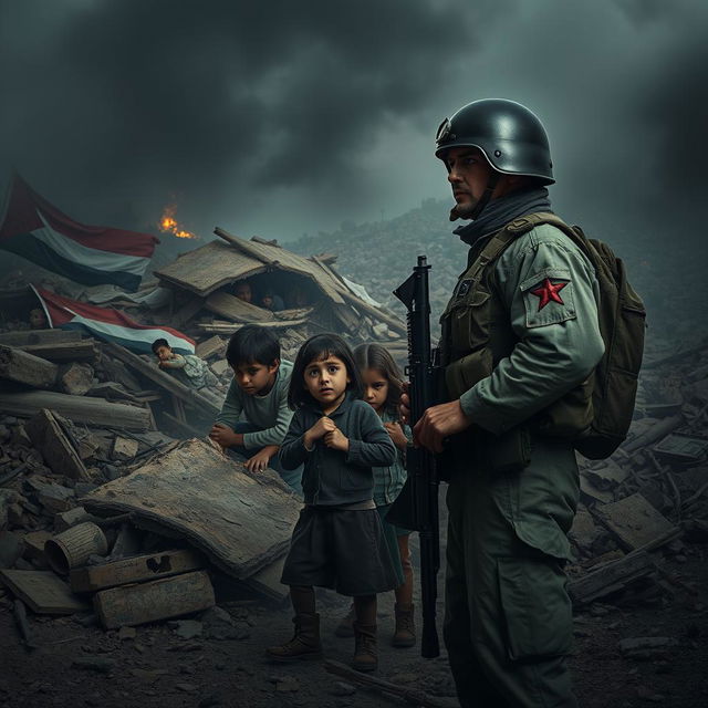 A somber and impactful scene depicting the struggles of innocent children from Gaza seeking shelter amidst a backdrop of destruction