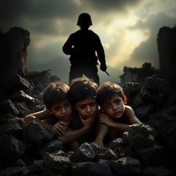 A powerful and haunting image depicting the plight of vulnerable children from Gaza searching for shelter amidst the chaos of bombings