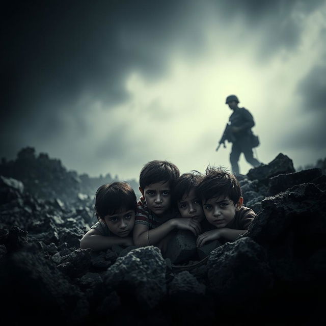 A powerful and haunting image depicting the plight of vulnerable children from Gaza searching for shelter amidst the chaos of bombings