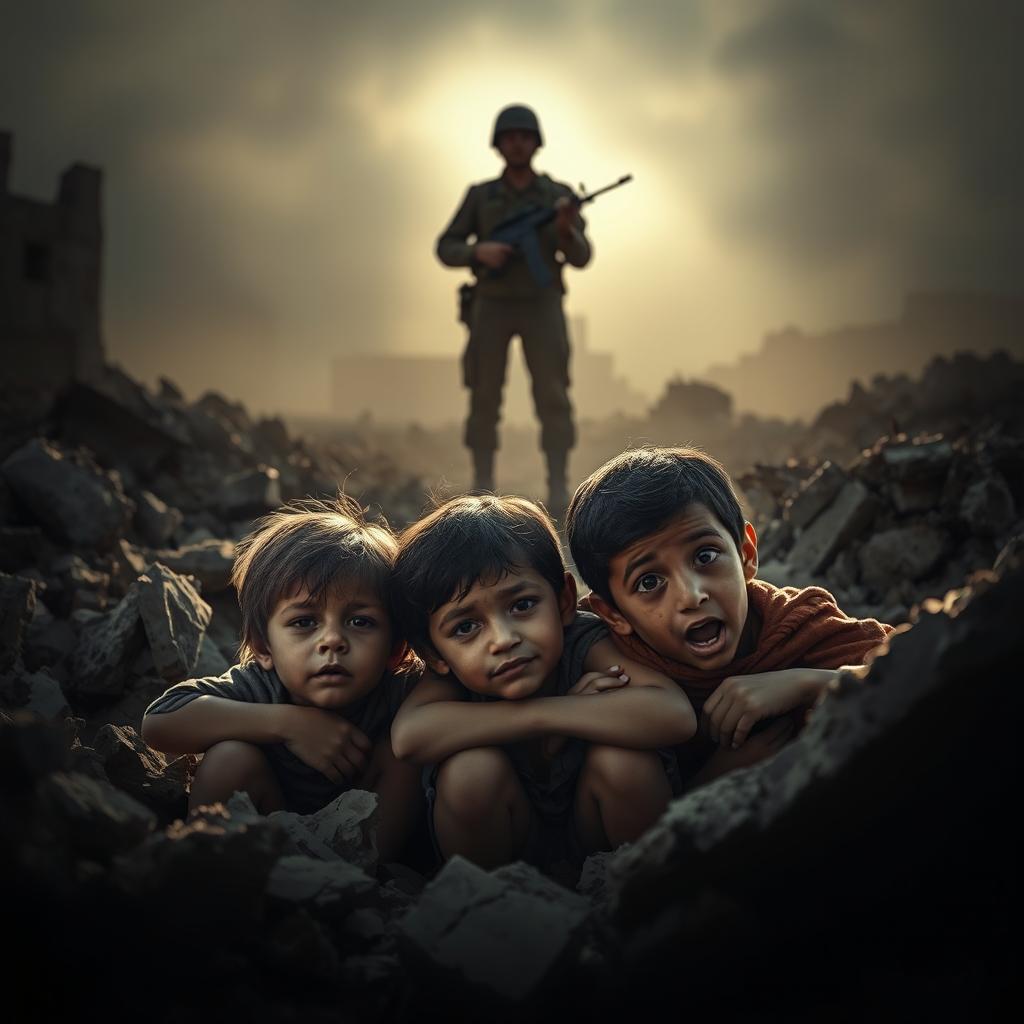 A powerful and haunting image depicting the plight of vulnerable children from Gaza searching for shelter amidst the chaos of bombings