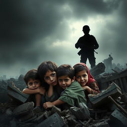 A powerful and haunting image depicting the plight of vulnerable children from Gaza searching for shelter amidst the chaos of bombings