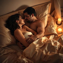 An intimate scene of a couple embracing passionately on a luxurious satin bed, surrounded by soft candlelight that casts a warm glow