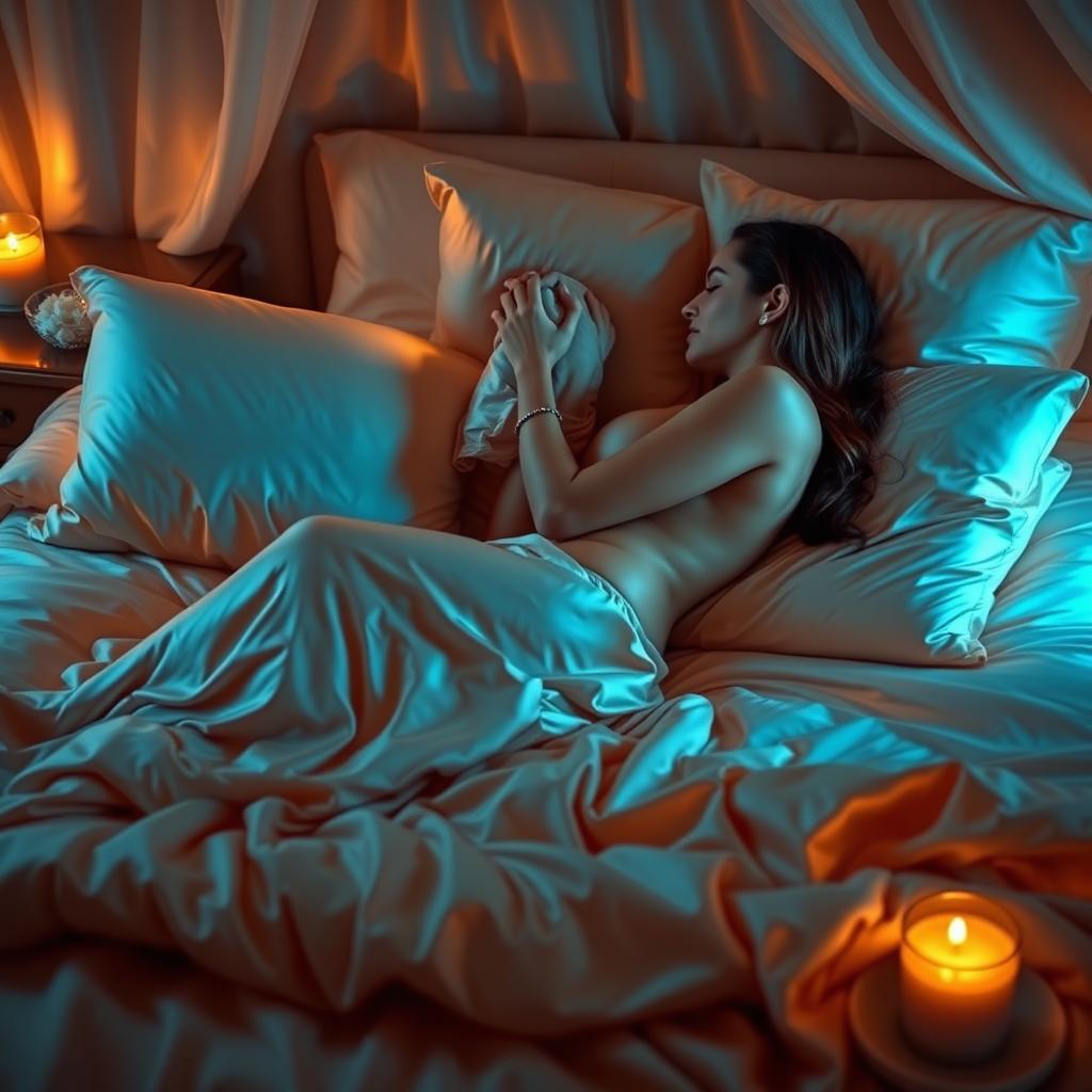 An intimate scene of a couple embracing passionately on a luxurious satin bed, surrounded by soft candlelight that casts a warm glow