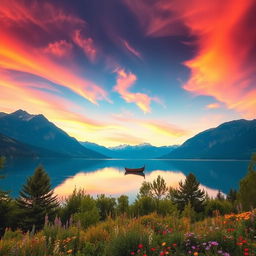 A serene landscape featuring a tranquil lake surrounded by majestic mountains under a vibrant sunset sky, reflecting warm hues of orange, pink and purple on the water