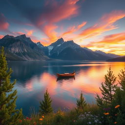 A serene landscape featuring a tranquil lake surrounded by majestic mountains under a vibrant sunset sky, reflecting warm hues of orange, pink and purple on the water