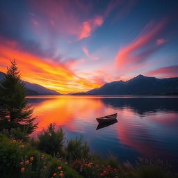 A serene landscape featuring a tranquil lake surrounded by majestic mountains under a vibrant sunset sky, reflecting warm hues of orange, pink and purple on the water