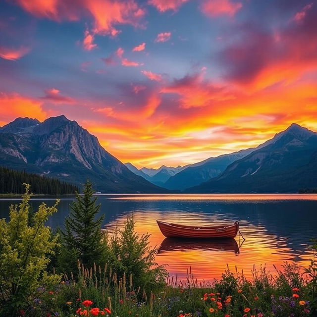 A serene landscape featuring a tranquil lake surrounded by majestic mountains under a vibrant sunset sky, reflecting warm hues of orange, pink and purple on the water