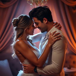 A passionate scene depicting a couple in a romantic embrace, surrounded by a soft, warm atmosphere, with gentle lighting highlighting their expressive faces and body language