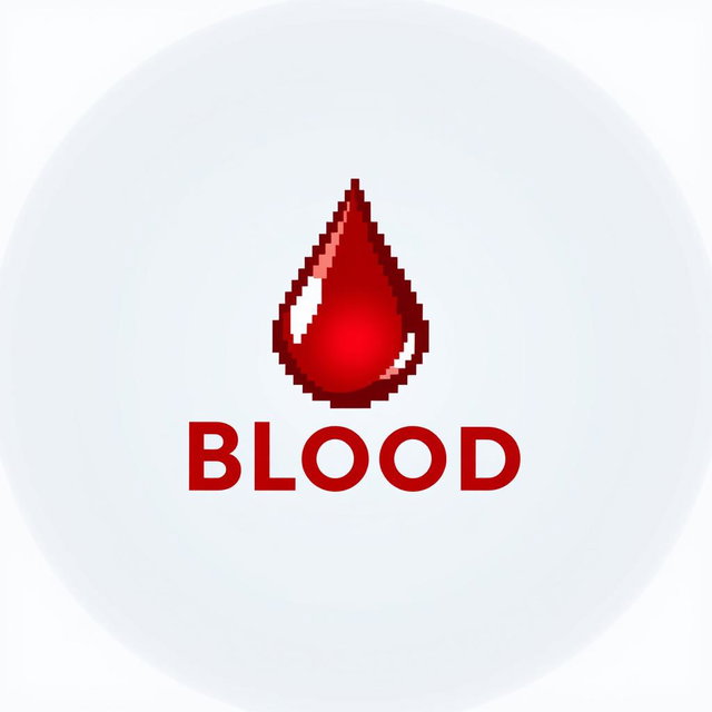 A creative logo design featuring a stylized drop of blood, presented in a pixel art style