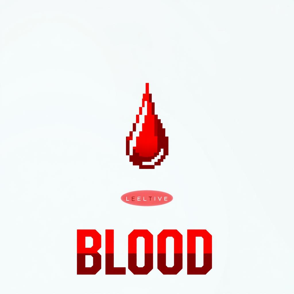 A creative logo design featuring a stylized drop of blood, presented in a pixel art style