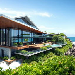 A modern waterproof building design, showcasing sleek architecture with water-resistant materials