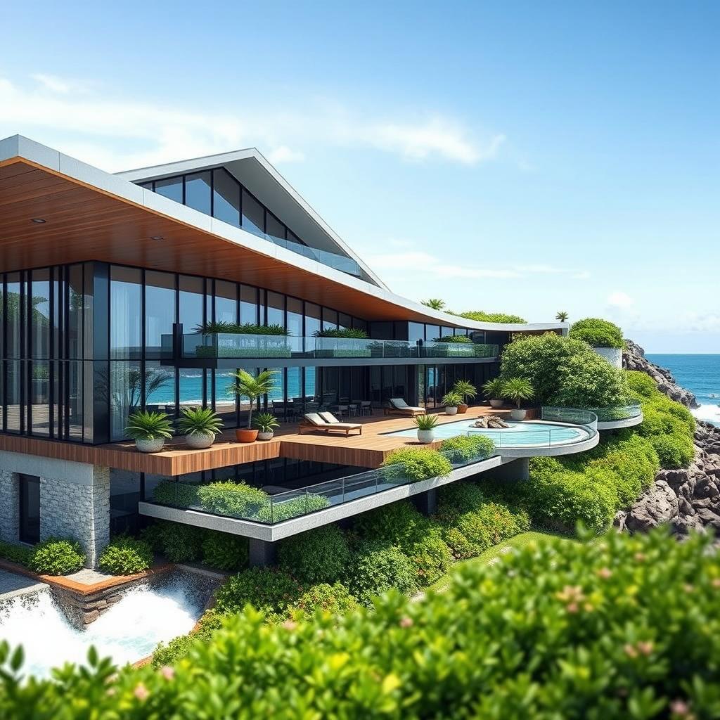 A modern waterproof building design, showcasing sleek architecture with water-resistant materials