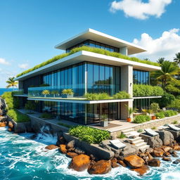 A modern waterproof building design, showcasing sleek architecture with water-resistant materials