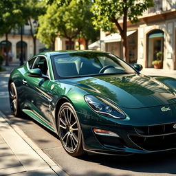 A luxury car, branded with the Lacoste logo, elegantly parked on a picturesque street