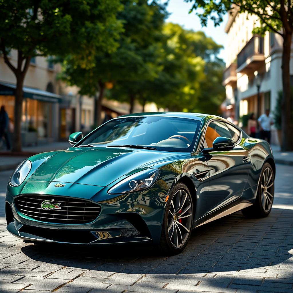 A luxury car, branded with the Lacoste logo, elegantly parked on a picturesque street