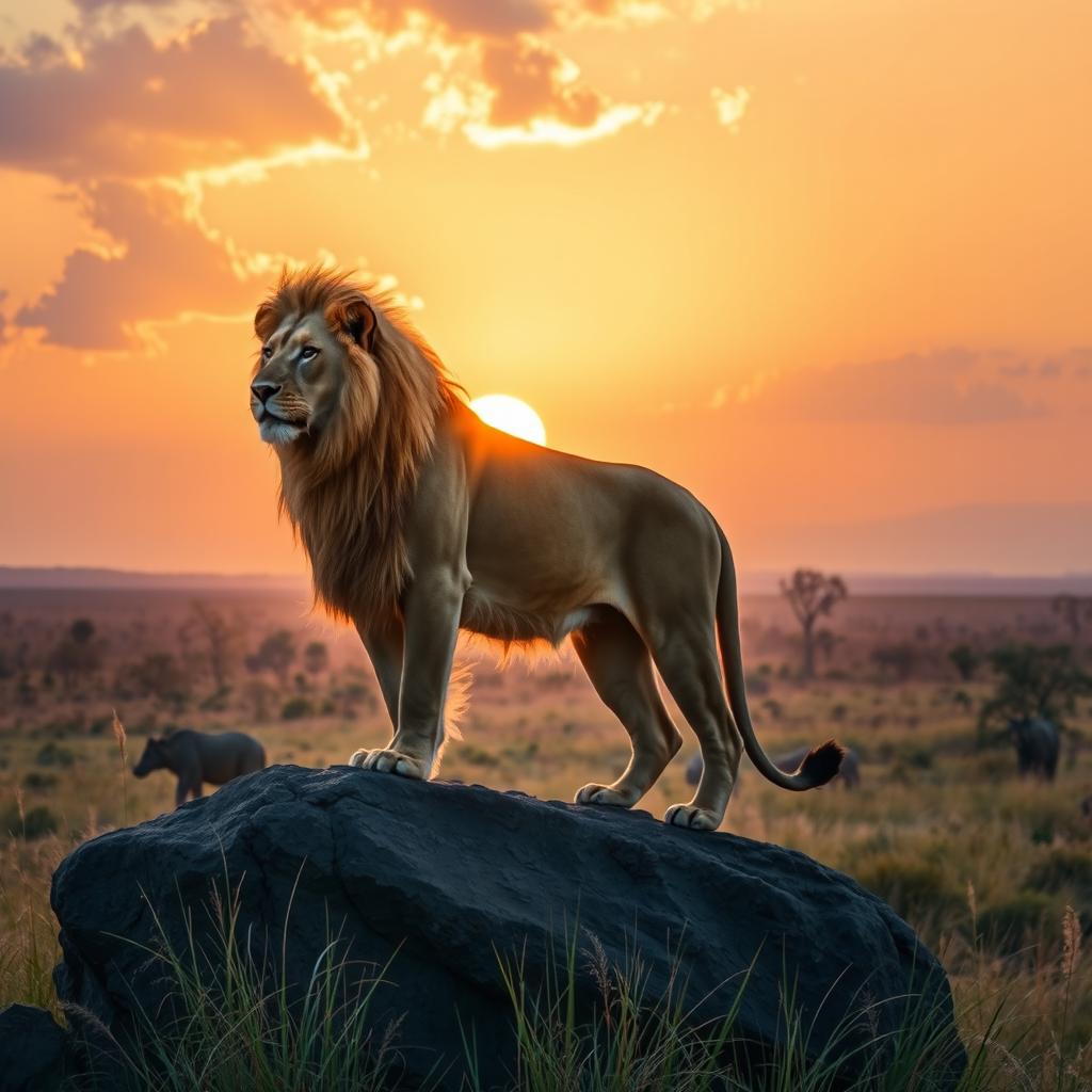 A majestic lion standing proudly on a rocky ledge, with a golden mane flowing in the gentle breeze