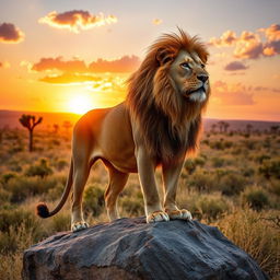 A majestic lion standing proudly on a rocky ledge, with a golden mane flowing in the gentle breeze