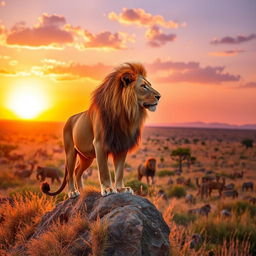 A majestic lion standing proudly on a rocky ledge, with a golden mane flowing in the gentle breeze