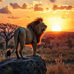 A majestic lion standing proudly on a rocky ledge, with a golden mane flowing in the gentle breeze