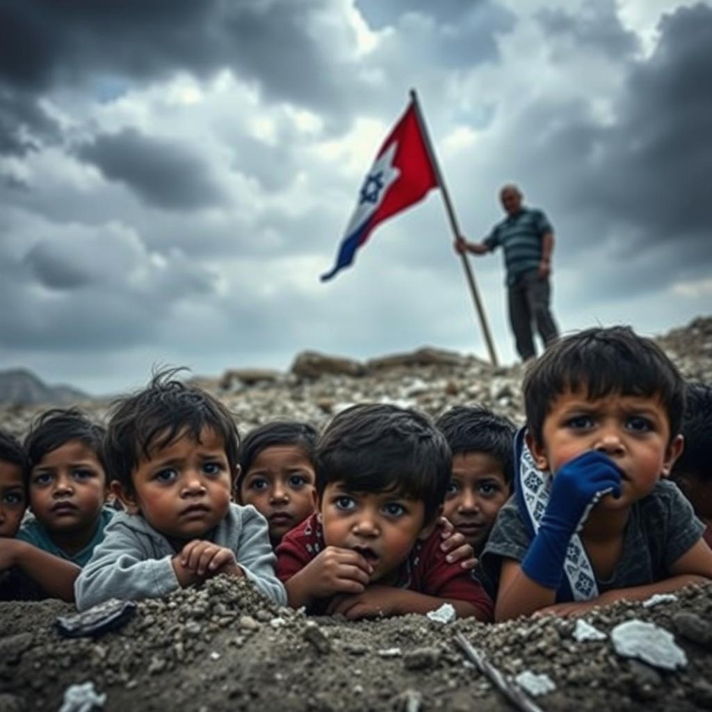 A poignant scene depicting the innocence and resilience of children in Gaza seeking shelter amidst the chaos of bombardment