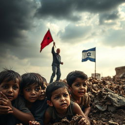 A poignant scene depicting the innocence and resilience of children in Gaza seeking shelter amidst the chaos of bombardment