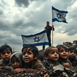 A poignant scene depicting the innocence and resilience of children in Gaza seeking shelter amidst the chaos of bombardment
