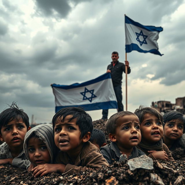 A poignant scene depicting the innocence and resilience of children in Gaza seeking shelter amidst the chaos of bombardment