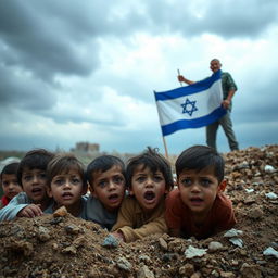 A poignant scene depicting the innocence and resilience of children in Gaza seeking shelter amidst the chaos of bombardment