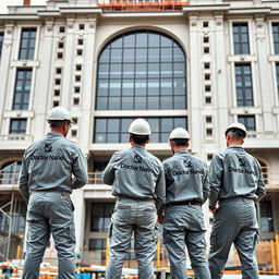 A beautiful and large building under construction, with three workers applying nano waterproofing, featuring the brand 'Doctor Nano'