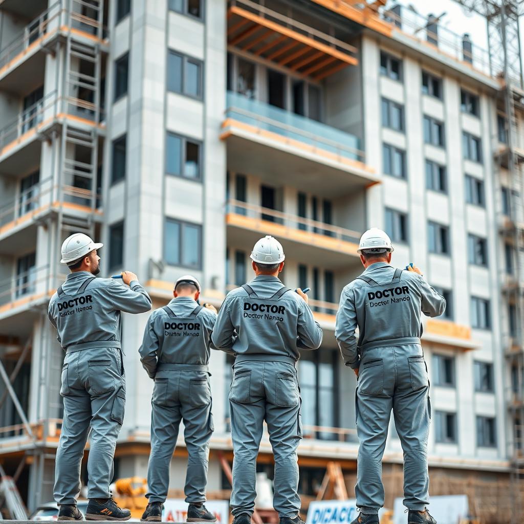 A beautiful and large building under construction, with three workers applying nano waterproofing, featuring the brand 'Doctor Nano'