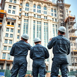 A beautiful and large building under construction, with three workers applying nano waterproofing, featuring the brand 'Doctor Nano'
