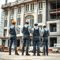 A beautiful and large building under construction, with three workers applying nano waterproofing, featuring the brand 'Doctor Nano'