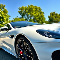 A stylish and luxurious car, featuring the Lacoste branding, parked in a scenic location