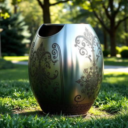 A beautifully crafted park trash can inspired by traditional Iranian design, featuring intricate patterns and motifs typical of Persian art