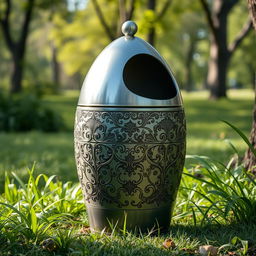A beautifully crafted park trash can inspired by traditional Iranian design, featuring intricate patterns and motifs typical of Persian art