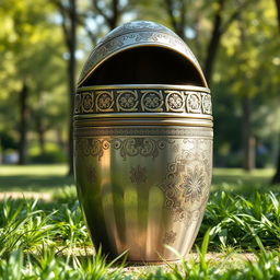 A beautifully crafted park trash can inspired by traditional Iranian design, featuring intricate patterns and motifs typical of Persian art