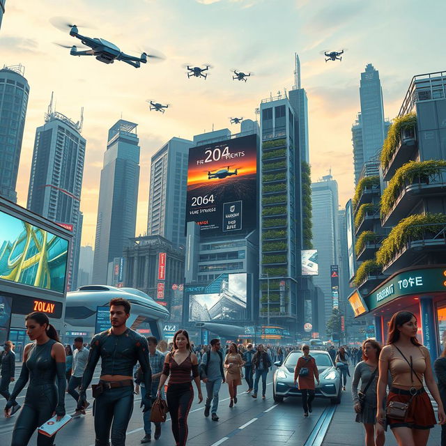 A futuristic cityscape set in the year 2064, featuring advanced technology such as flying cars, towering skyscrapers with green terraces, and people interacting with holographic interfaces