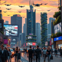 A futuristic cityscape set in the year 2064, featuring advanced technology such as flying cars, towering skyscrapers with green terraces, and people interacting with holographic interfaces