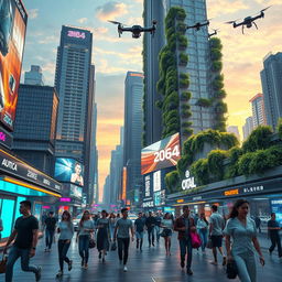 A futuristic cityscape set in the year 2064, featuring advanced technology such as flying cars, towering skyscrapers with green terraces, and people interacting with holographic interfaces