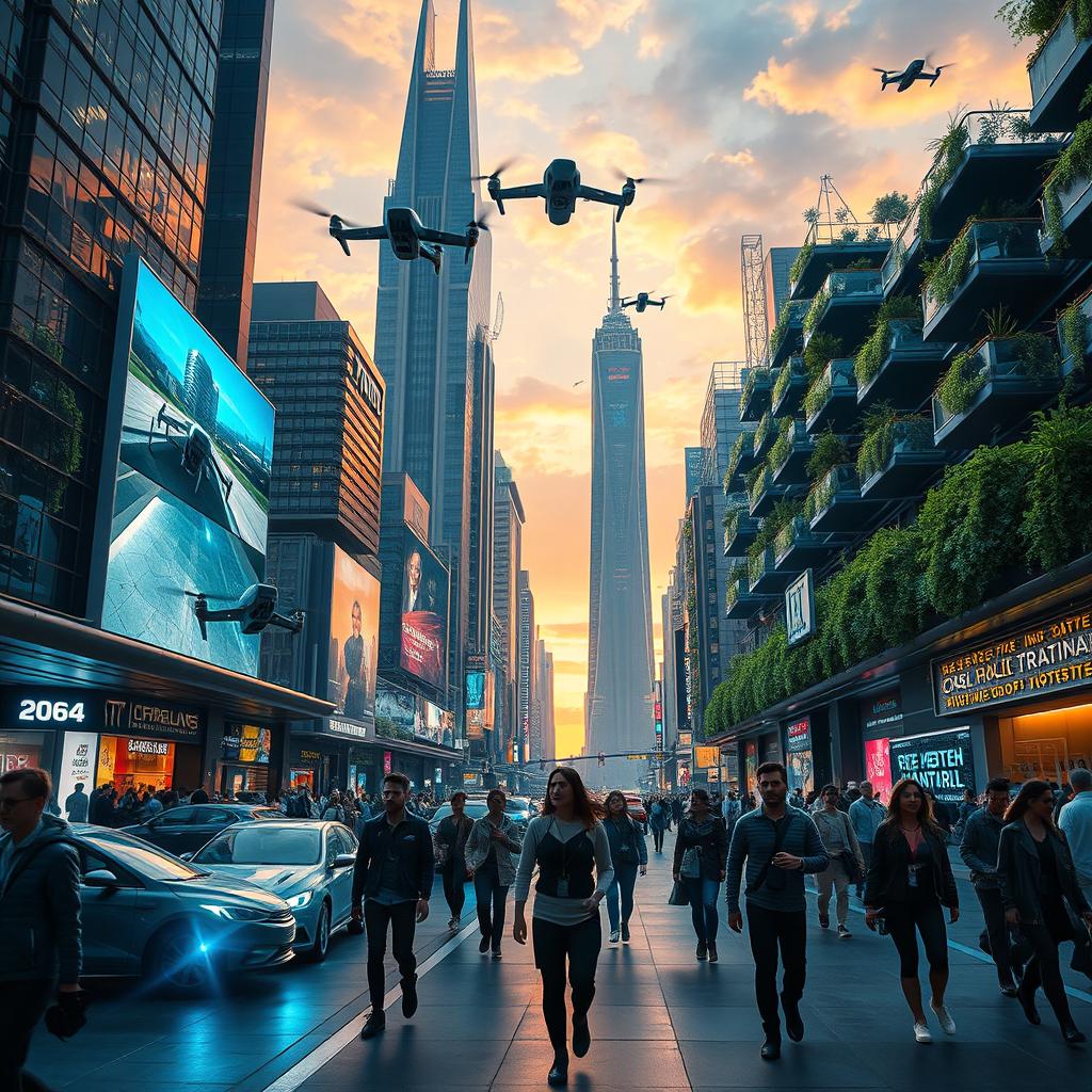 A futuristic cityscape set in the year 2064, featuring advanced technology such as flying cars, towering skyscrapers with green terraces, and people interacting with holographic interfaces