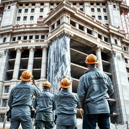 A beautiful and large building under construction, with three workers applying nano waterproofing