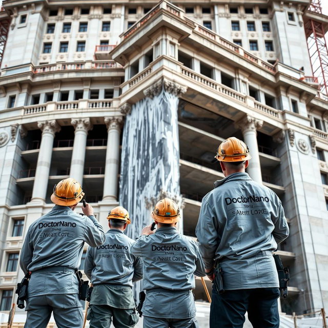 A beautiful and large building under construction, with three workers applying nano waterproofing