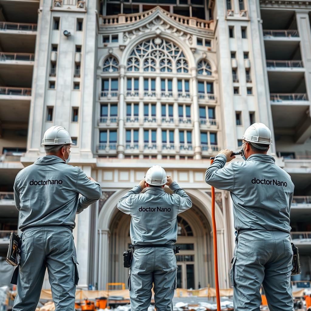 A beautiful and large building under construction, with three workers applying nano waterproofing